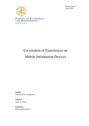 Förstasida: -Leanderson, C-F (2009) _Co-creation of Experiences on Mobile Information Devices. Lund Univ .