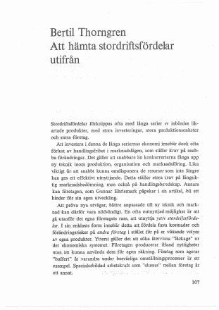Förstasida: Thorngren,B (1968 a ) Att hämta stordriftsfördelar utifrån.I: Carlsson,Torsten, Väckarklocka för direktörer. 12 debattinlägg om strukturomvandling och innovation .Prisma