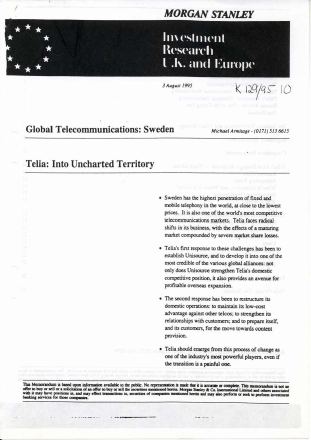 Förstasida: MORGAN STANLEY (1995). Global Telecommunications: Sweden. Telia: Into Uncharted Territory. Investment Research U.K. and Europe.