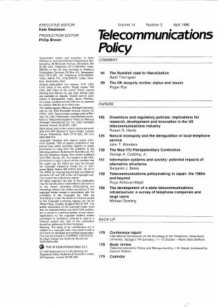 Förstasida: Thorngren, B (1990). The Swedish Road To Liberalization. Telecommunications Policy . 14 (2). p. 94-98.