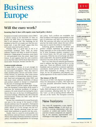 Förstasida: BUSINESS EUROPE (1998) Will the EURO work ?.Febr.11