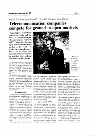 Förstasida: SWEDEN TODAY (1993) British Telecom goes Swedish