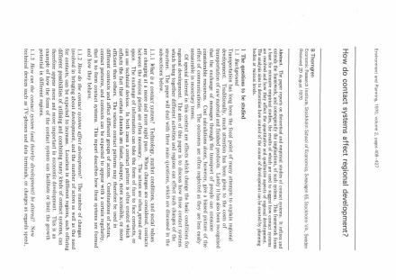 Förstasida: Thorngren, B (1970 b). How Do Contact Systems Affect Regional Development? Environment and Planning. 2, p. 409-427.
