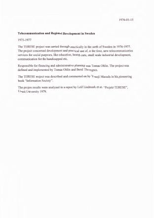 Förstasida: Ohlin,T; Thorngren.B ( 1976 b) .Telecommmunication_and_Regional_Development_in_Sweden .