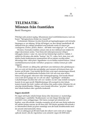 Förstasida: Thorngren, B (1984). Minnen från framtiden (nr 3) In: Vedin B-A (Red.). Det sannolika osannolika. SNS Förlag3 .