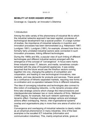 Förstasida: Thorngren,B (2005)_Mobility_at_ever-higher_speeds ? Coverage vs capacity- an Innovator´s Dilemma. In: Andersson, P, Hertz, Susanna, Sweet, Susanne Perspectives on market networks. EFI. p.159-166.