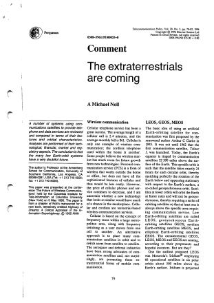 Förstasida: Noll_Michael (1996) The Extraterrestrials are coming Telecommunications Policy.Vol.20 ,nr 2. pp 79-82