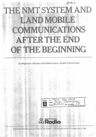 Förstasida: Magnusson,Bo (1985) The NMT System. The End of the Beginnning London .