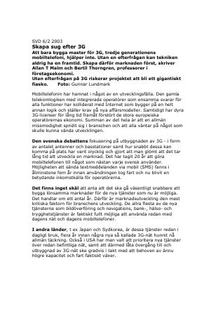 Förstasida: Thorngren, B, Malm, A (2003), Skapa sug efter 3G, SVD 6/2 2003