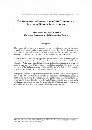 Förstasida: Johnston,Peter &_Pestek,Robert.(2003) The_Dynamics of Internet and GSM Growth.