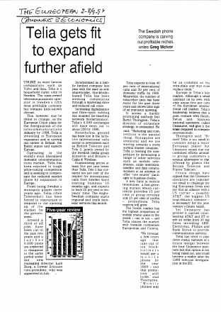 Förstasida: THE EUROPEAN BUSINESS ECONOMICS (1994). Telia Gets Fit to Expand further Afield. Nr 2-8/9