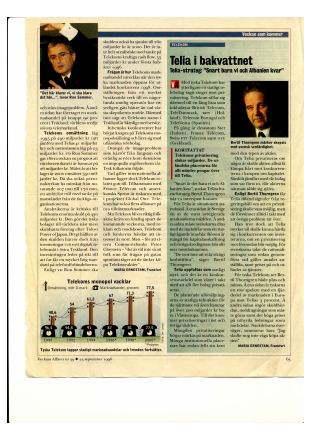 Förstasida: VECKANS AFFÄRER (1996). Telia i bakvattnet – Telia-strateg: ”Snart bara vi och Albanien kvar”. nr 39, s.65