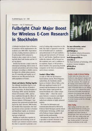 Förstasida: AMCHAM (2000) Fulbright Chair Major Boost for Wireless E-Com Research in Sttockholm.