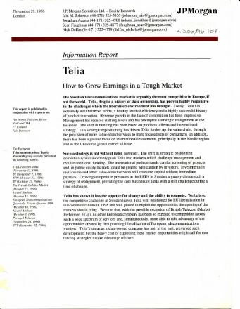Förstasida: J.P.MORGAN (1996) Telia – How to Grow Earnings in a Tough Market. Information Report. London.