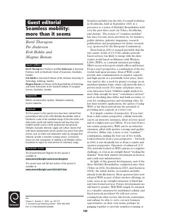 Förstasida: Thorngren, B, Andersson, P, Bohlin, E & Boman, M (2004c). Seamless Mobility:more than it seems. Guest Editorial in: INFO . 6(3), p.169-171.